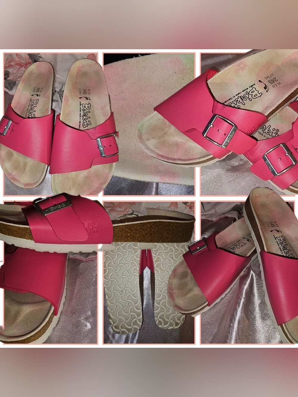 BIRKI's by Birkenstock Pink Women's Slide Sandals w/Silver Buckle